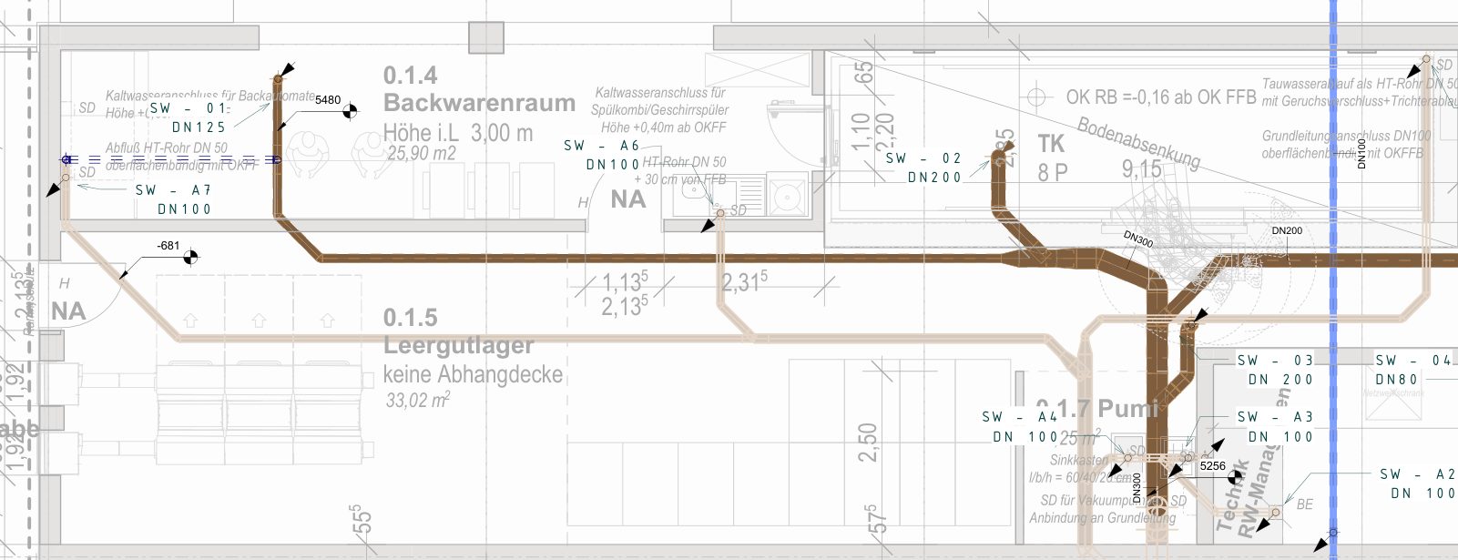 Ausschnitt eines Abwassergrundrisses mit Schmutzwasserleitungen und Nennweiten