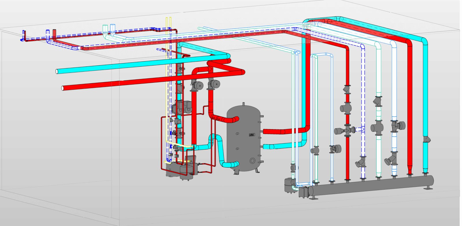 3D-Ansicht einer Heizzentrale mit Pufferspeicher, Verteiler und Vor- und Rücklaufleitungen